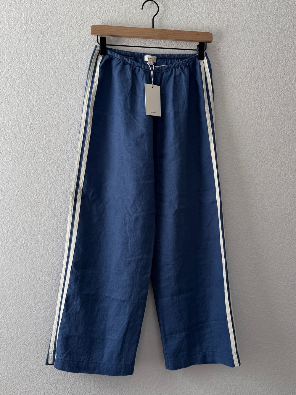 DONNI. Linen Stripe Crop Pants in Lapis NWT - Picture 2 of 5